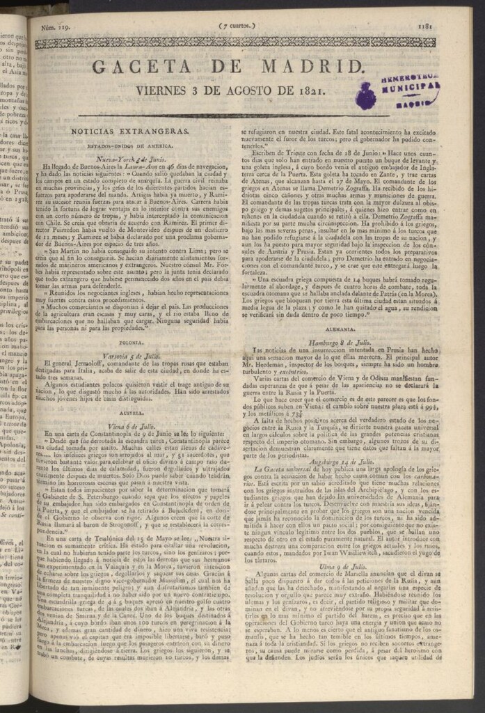 Miniatura de Gaceta de Madrid del 3 de agosto de 1821