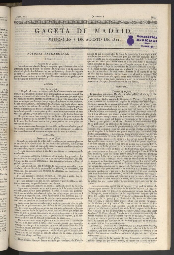 Miniatura de Gaceta de Madrid del 8 de agosto de 1821