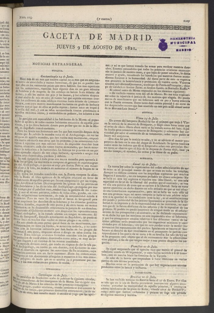 Miniatura de Gaceta de Madrid del 9 de agosto de 1821