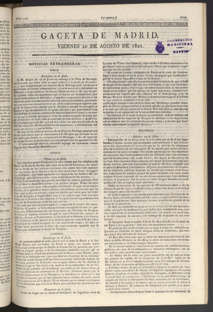 Miniatura de Gaceta de Madrid del 10 de agosto de 1821