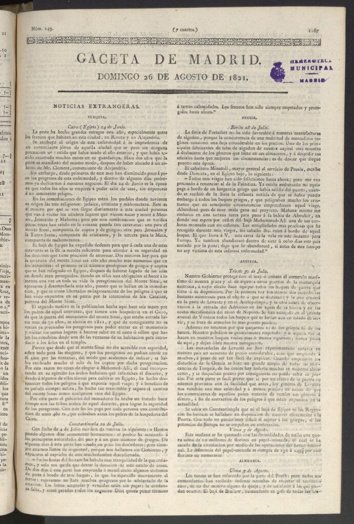 Miniatura de Gaceta de Madrid del 26 de agosto de 1821