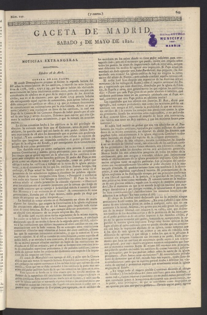 Miniatura de Gaceta de Madrid del 5 de mayo de 1821