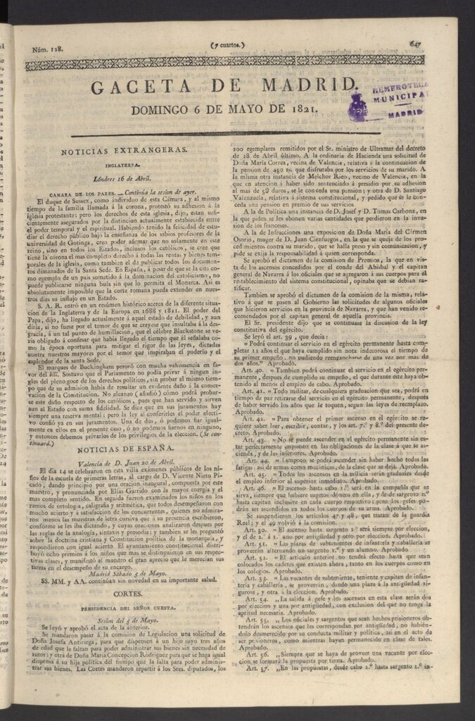 Miniatura de Gaceta de Madrid del 6 de mayo de 1821