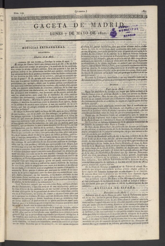 Miniatura de Gaceta de Madrid del 7 de mayo de 1821