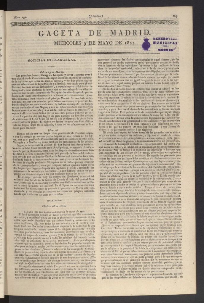 Miniatura de Gaceta de Madrid del 9 de mayo de 1821