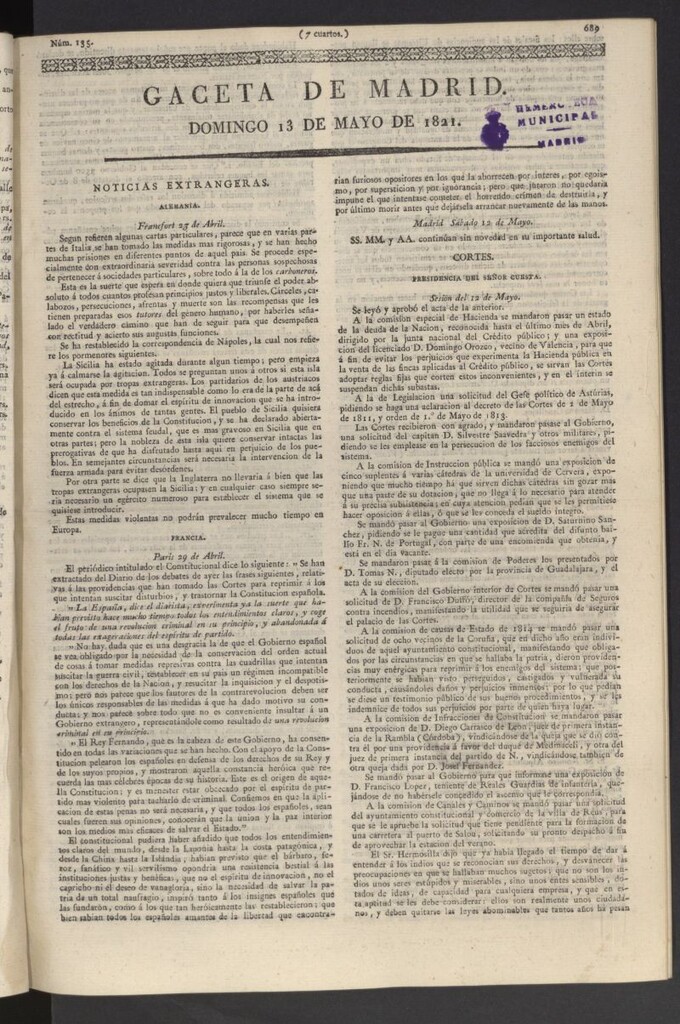 Miniatura de Gaceta de Madrid del 13 de mayo de 1821