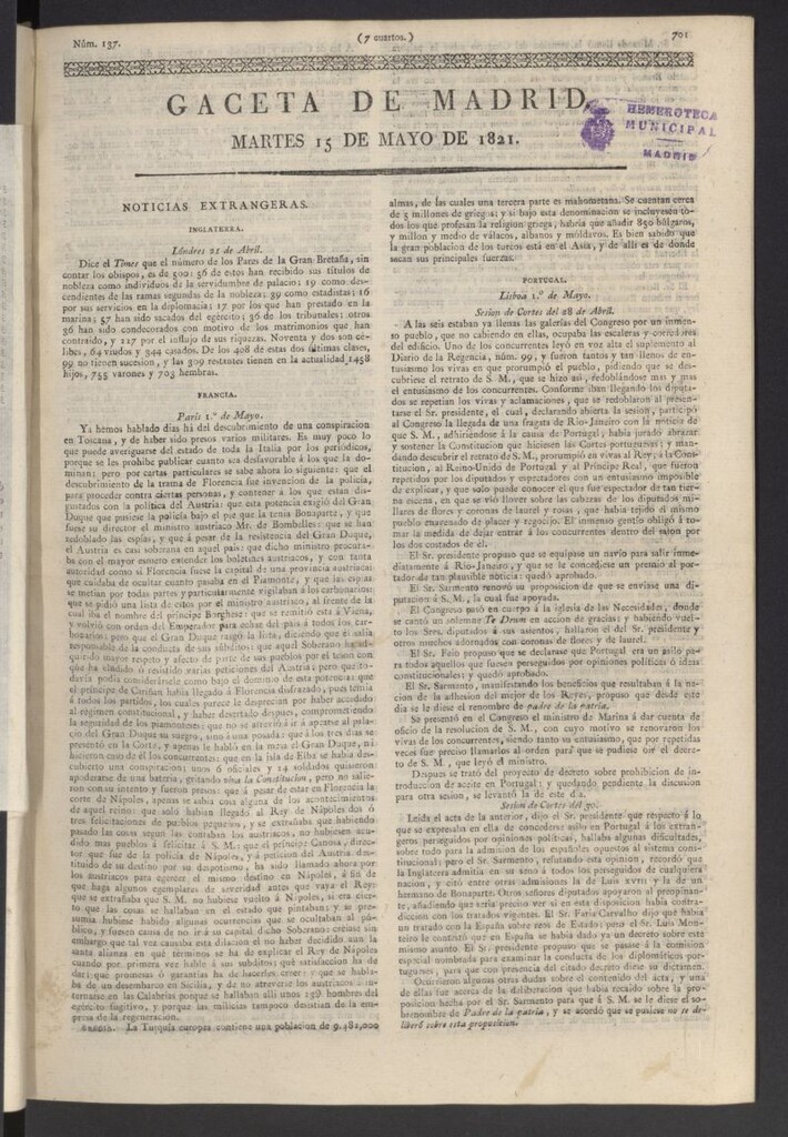 Miniatura de Gaceta de Madrid del 15 de mayo de 1821