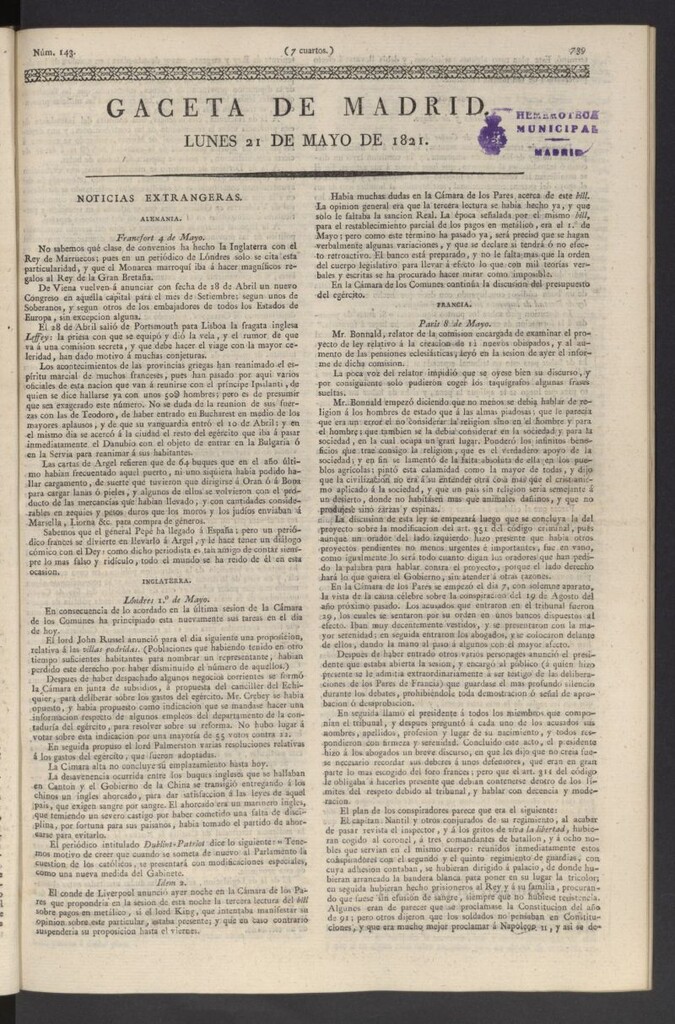 Miniatura de Gaceta de Madrid del 21 de mayo de 1821