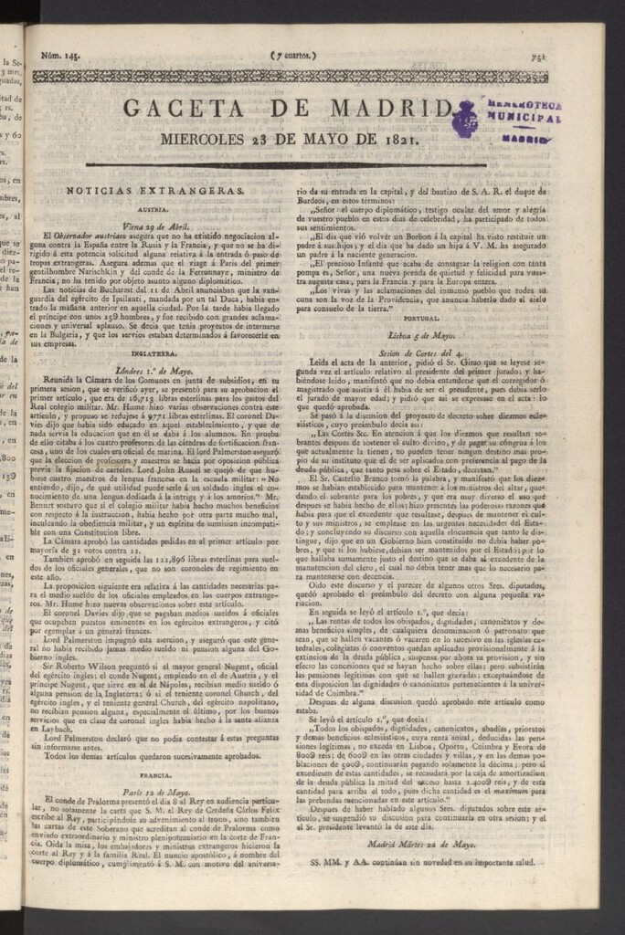 Miniatura de Gaceta de Madrid del 23 de mayo de 1821