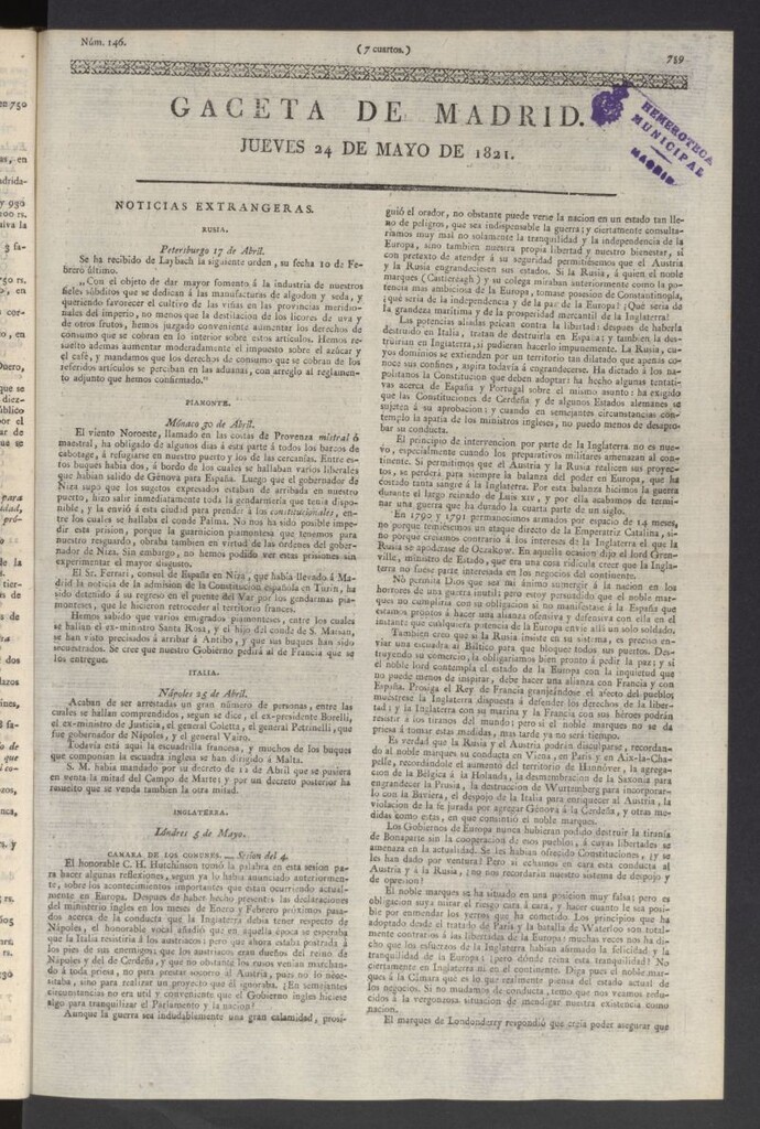 Miniatura de Gaceta de Madrid del 24 de mayo de 1821