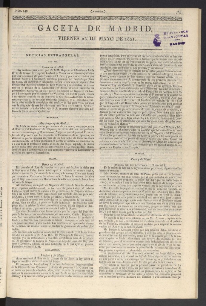 Miniatura de Gaceta de Madrid del 25 de mayo de 1821