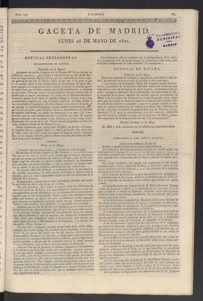 Miniatura de Gaceta de Madrid del 28 de mayo de 1821