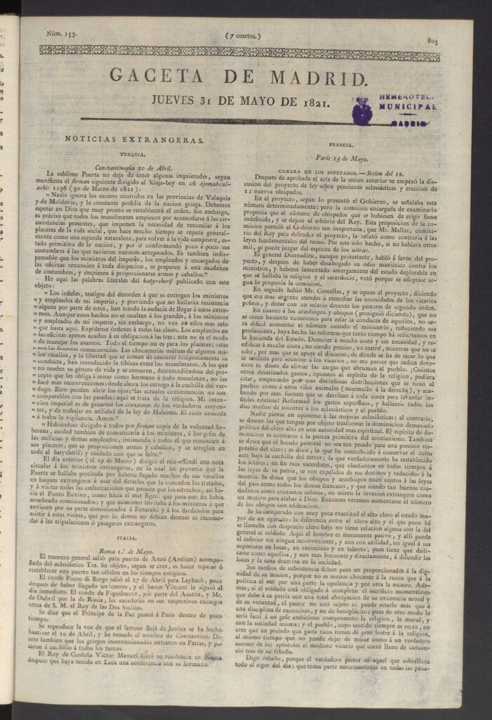 Miniatura de Gaceta de Madrid del 31 de mayo de 1821