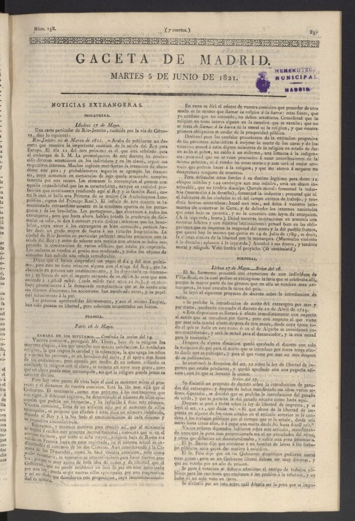 Miniatura de Gaceta de Madrid del 5 de junio de 1821