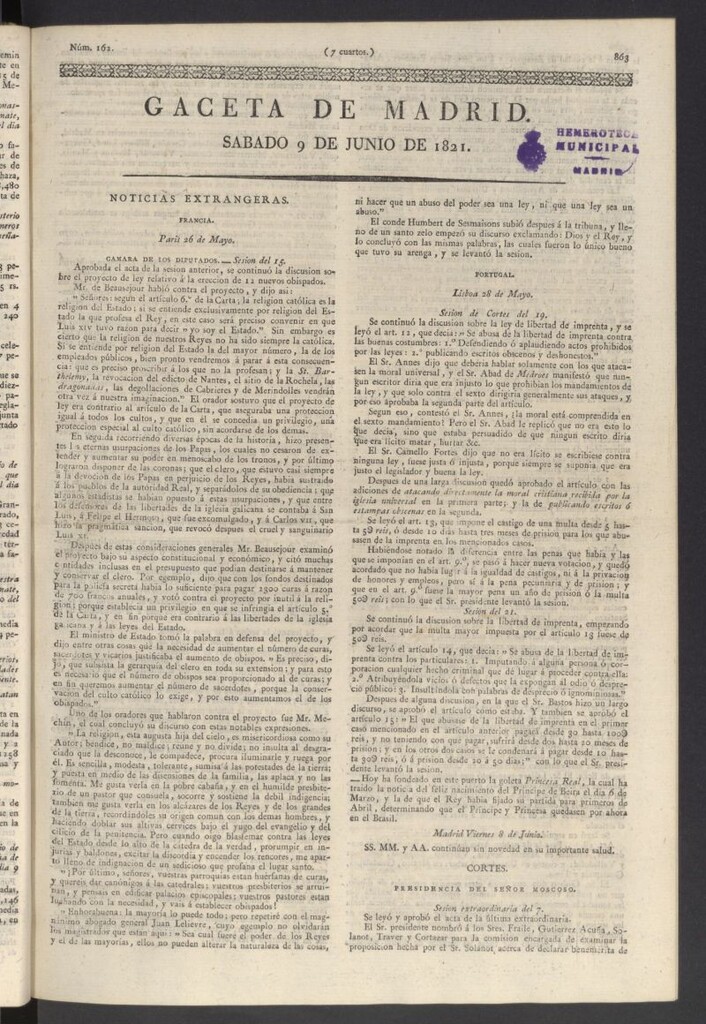 Miniatura de Gaceta de Madrid del 9 de junio de 1821