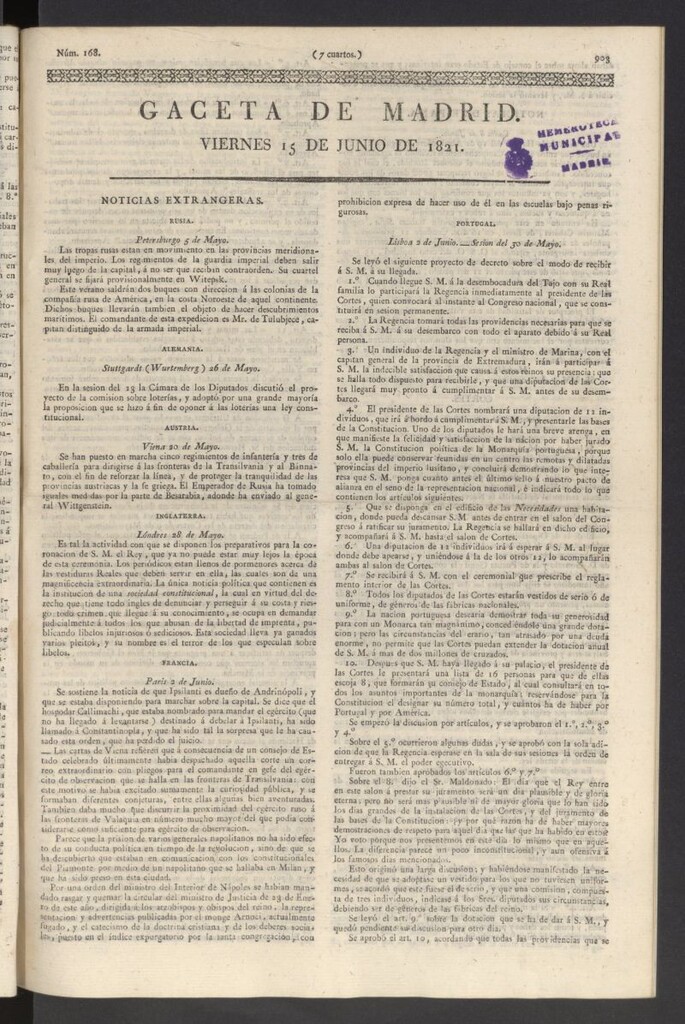 Miniatura de Gaceta de Madrid del 15 de junio de 1821