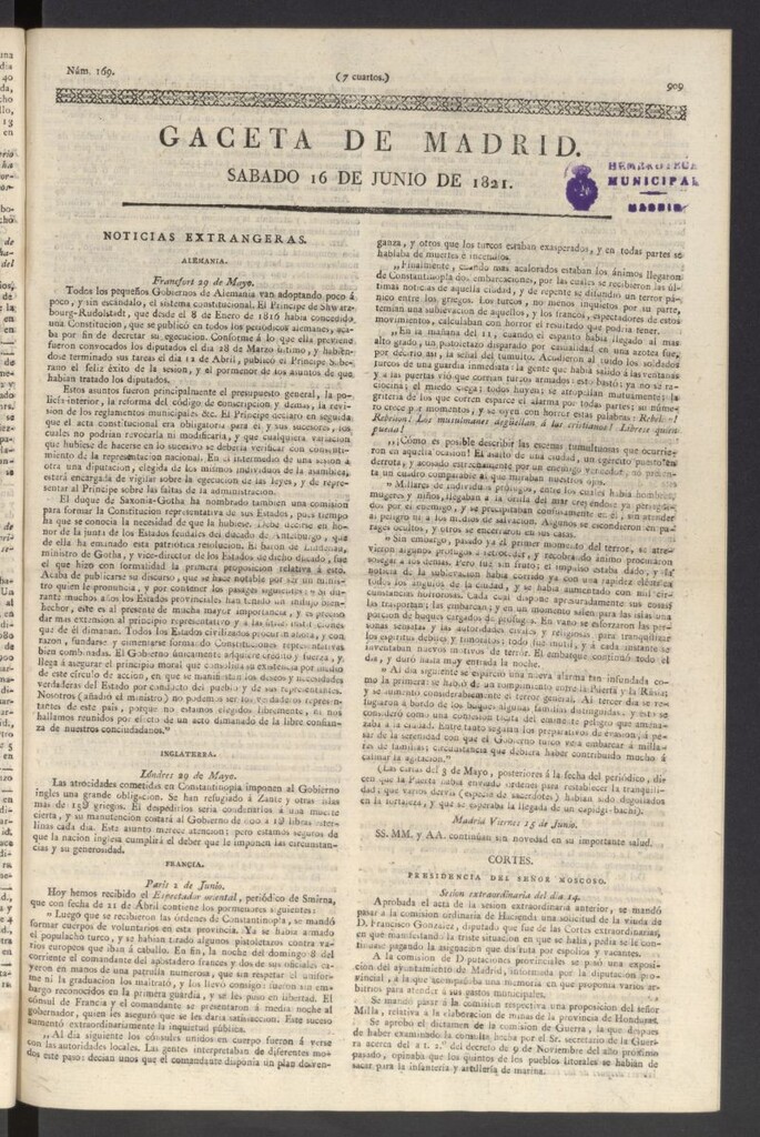 Miniatura de Gaceta de Madrid del 16 de junio de 1821