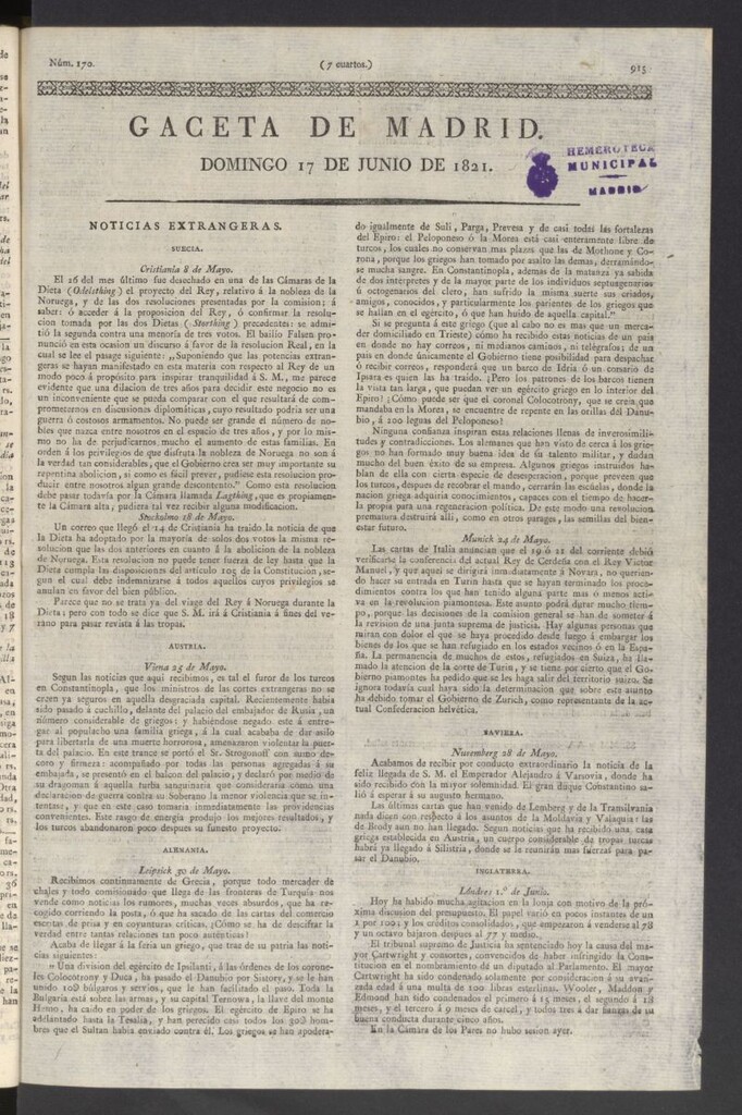 Miniatura de Gaceta de Madrid del 17 de junio de 1821