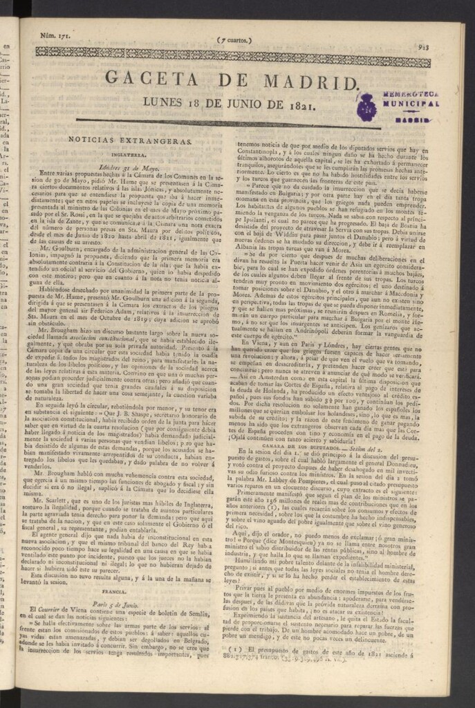 Miniatura de Gaceta de Madrid del 18 de junio de 1821