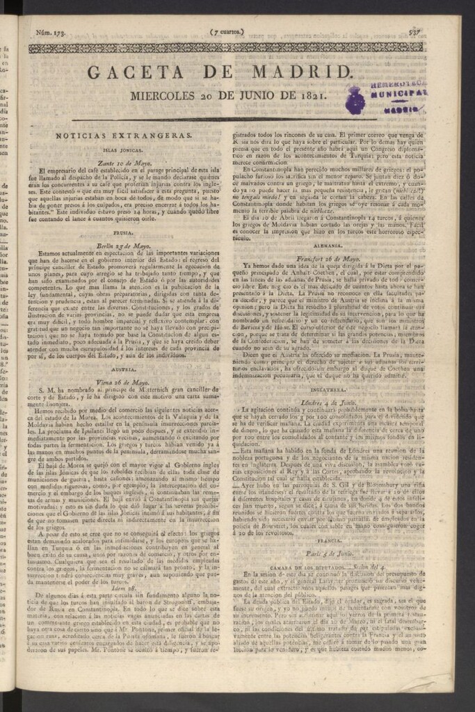 Miniatura de Gaceta de Madrid del 20 de junio de 1821