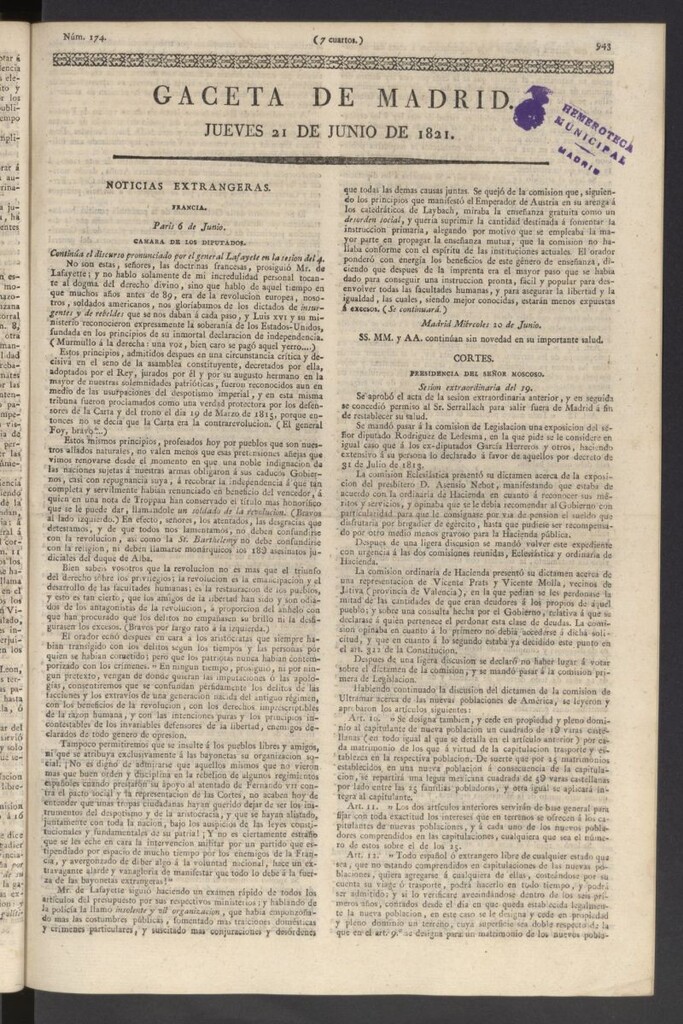 Miniatura de Gaceta de Madrid del 21 de junio de 1821