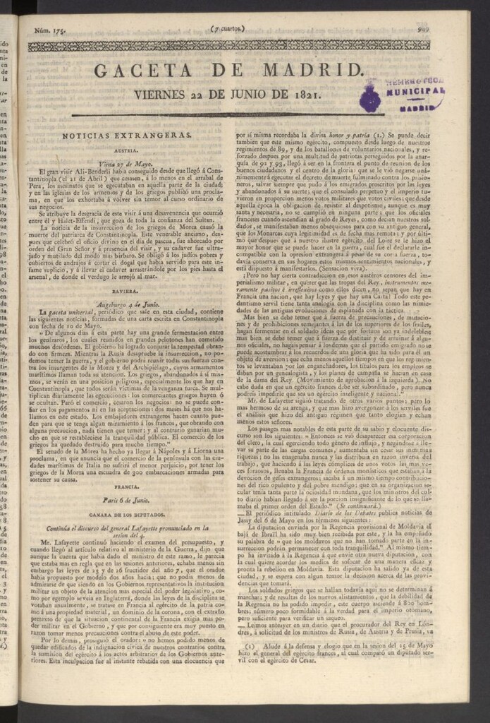 Miniatura de Gaceta de Madrid del 22 de junio de 1821