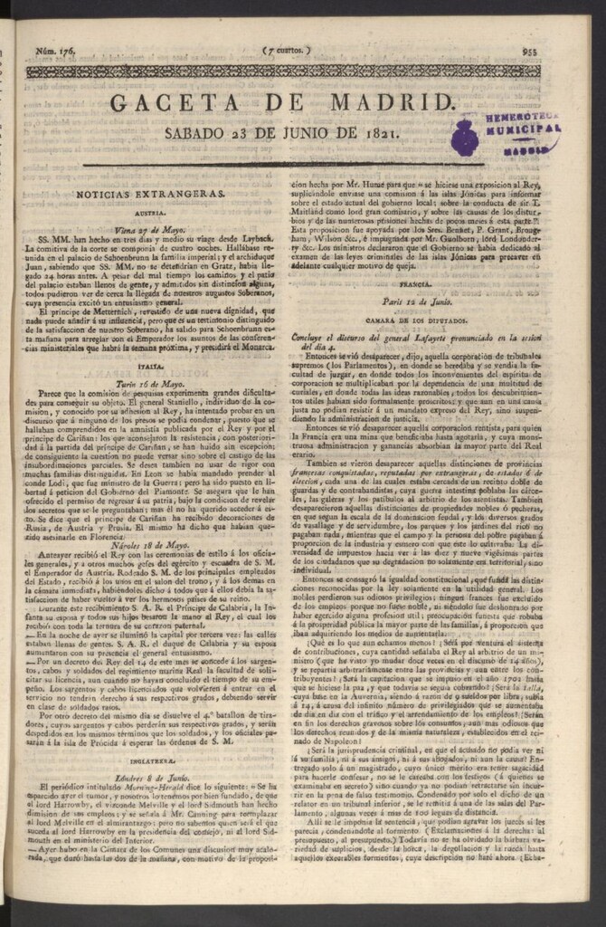 Miniatura de Gaceta de Madrid del 23 de junio de 1821