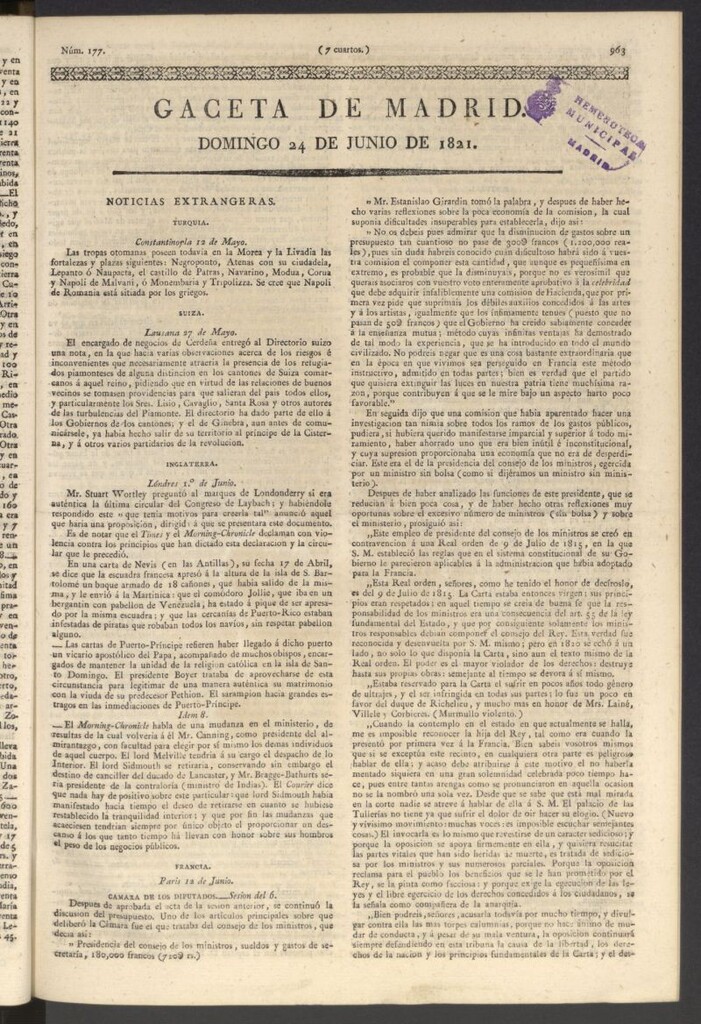 Miniatura de Gaceta de Madrid del 24 de junio de 1821