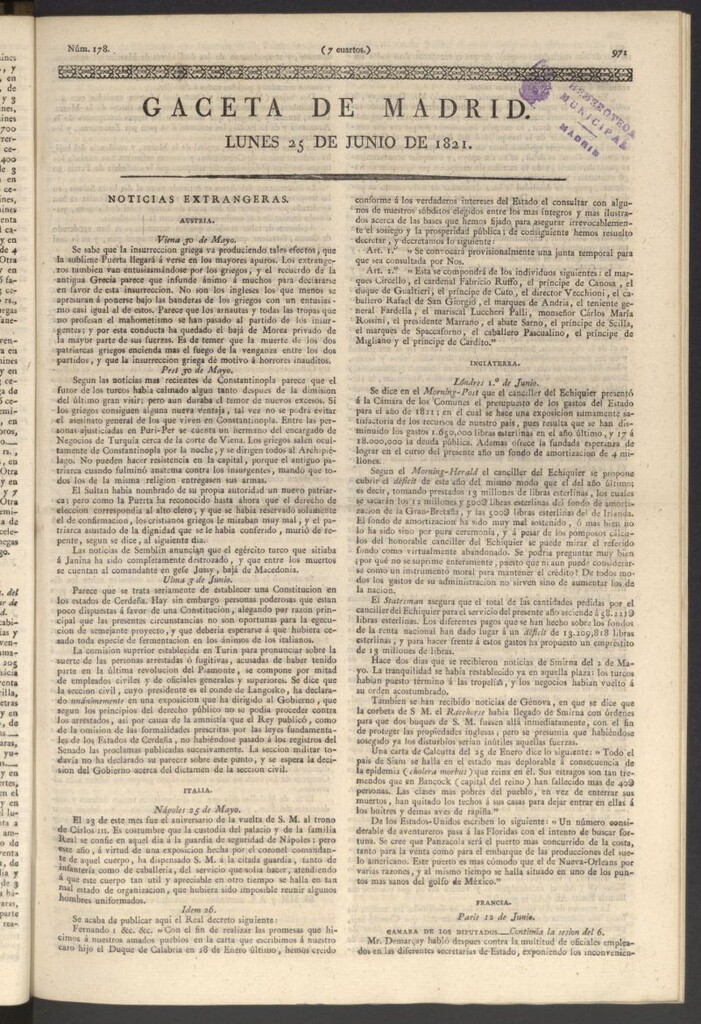Miniatura de Gaceta de Madrid del 25 de junio de 1821