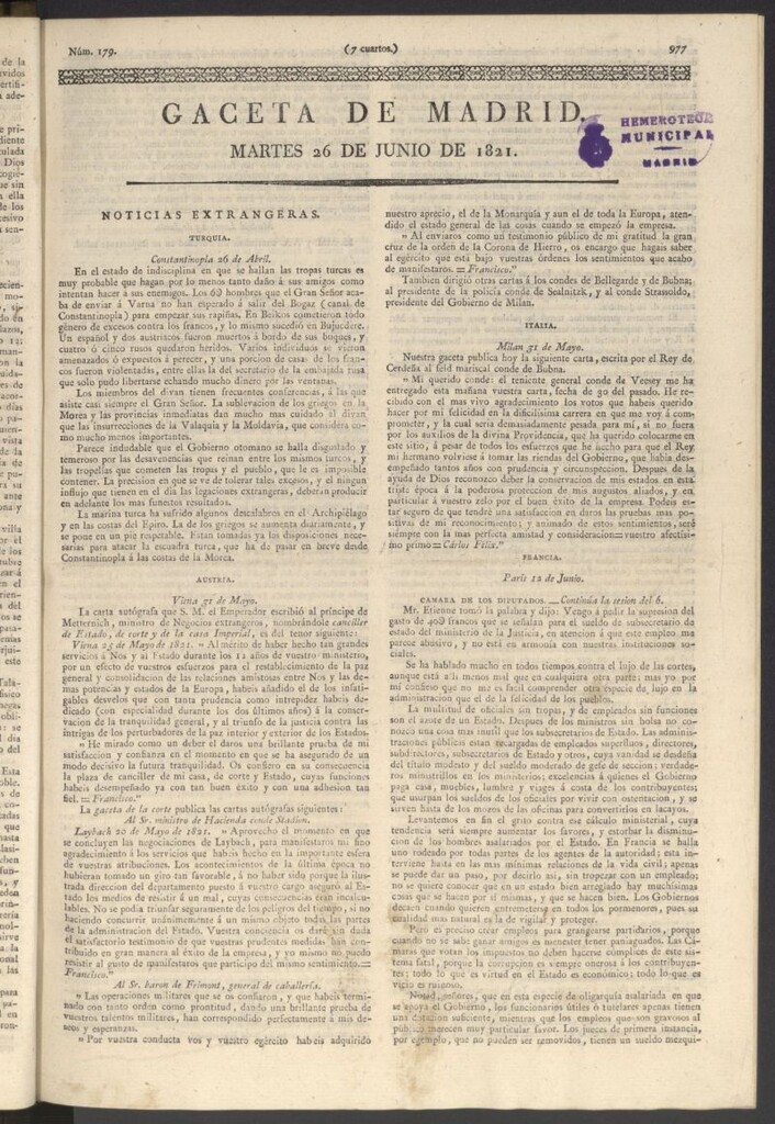Miniatura de Gaceta de Madrid del 26 de junio de 1821