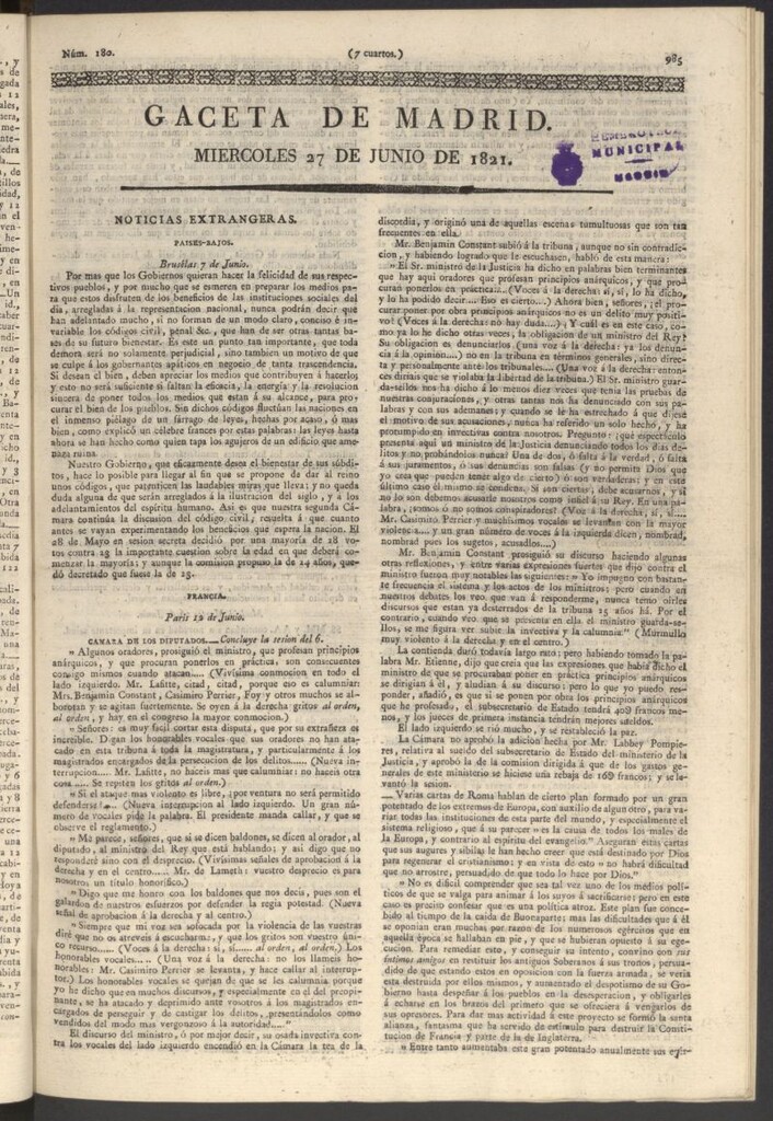 Miniatura de Gaceta de Madrid del 27 de junio de 1821