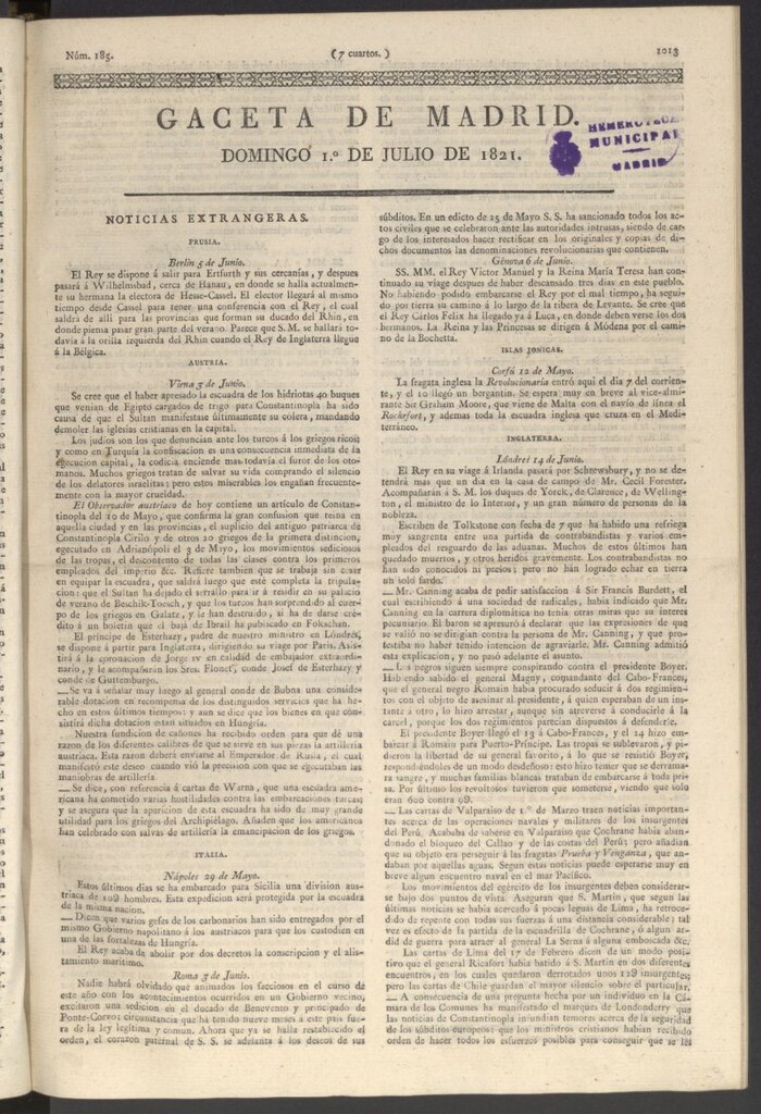 Miniatura de Gaceta de Madrid del 1 de julio de 1821