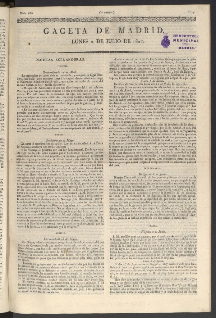 Miniatura de Gaceta de Madrid del 2 de julio de 1821