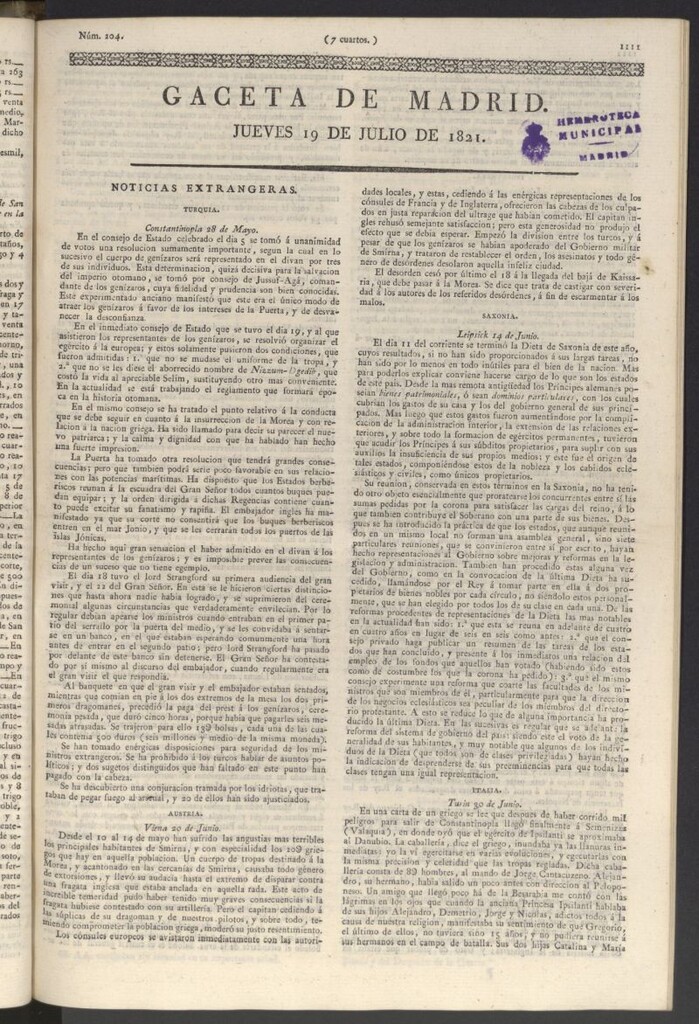 Miniatura de Gaceta de Madrid del 19 de julio de 1821