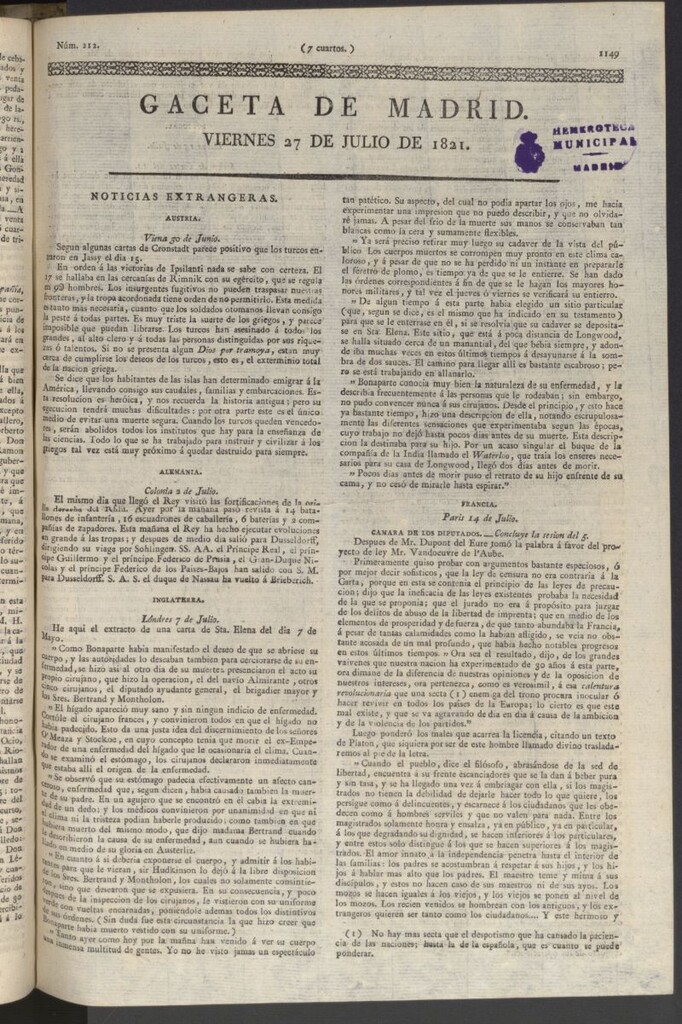 Miniatura de Gaceta de Madrid del 27 de julio de 1821