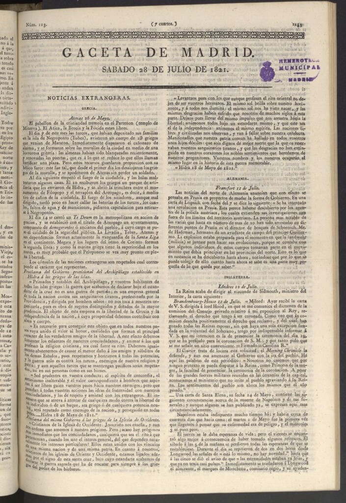 Miniatura de Gaceta de Madrid del 28 de julio de 1821
