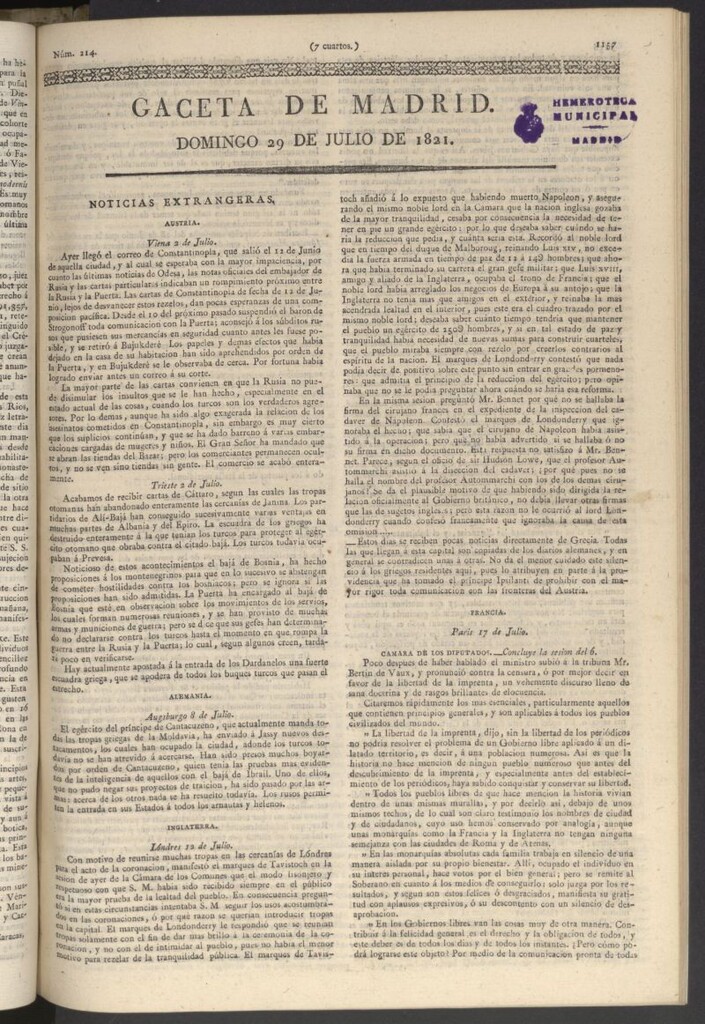 Miniatura de Gaceta de Madrid del 29 de julio de 1821