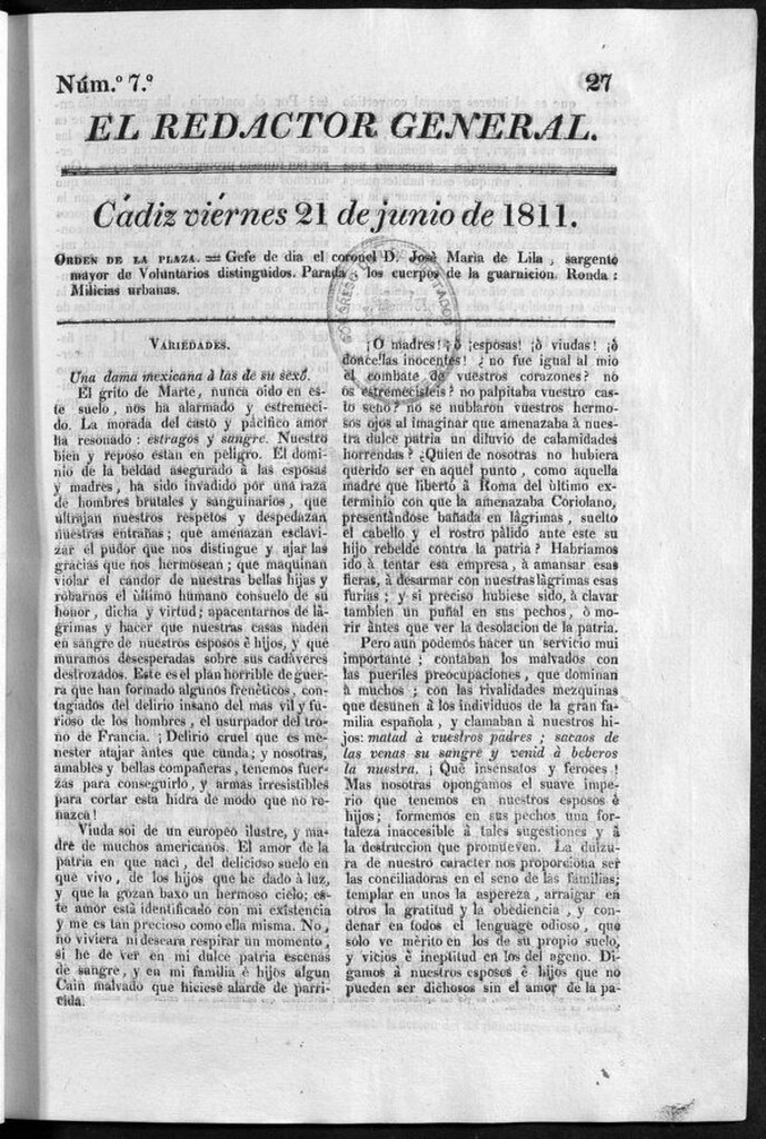 Miniatura de Redactor General del viernes 21 de junio de 1811