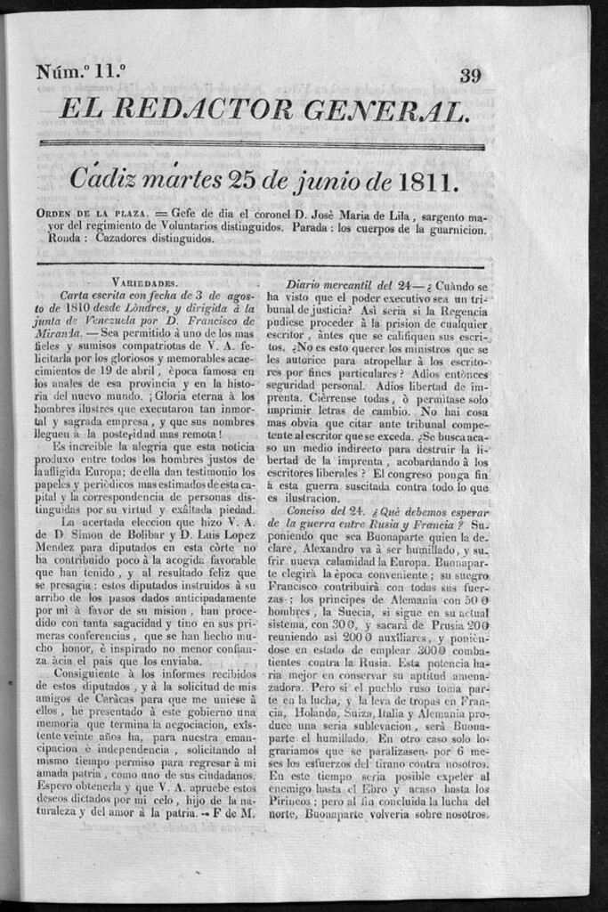Miniatura de Redactor General del martes 25 de junio de 1811