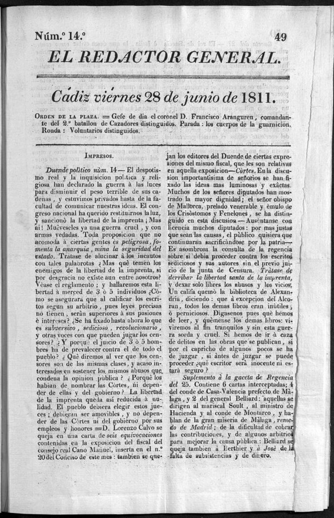 Miniatura de Redactor General del viernes 28 de junio de 1811