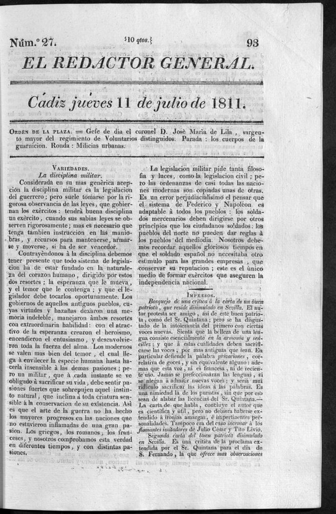 Miniatura de Redactor General del jueves 11 de julio de 1811