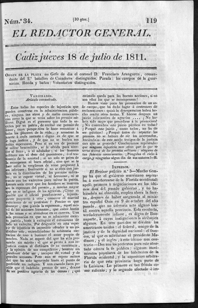 Miniatura de Redactor General del jueves 18 de julio de 1811