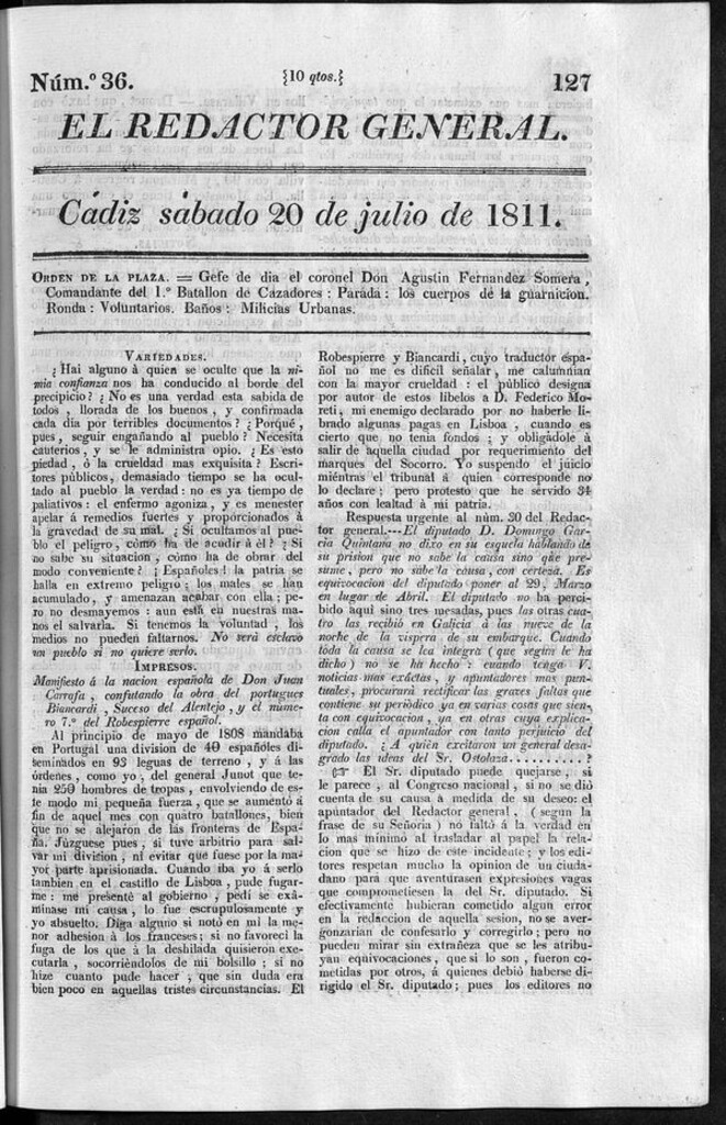 Miniatura de Redactor General del sábado 20 de julio de 1811