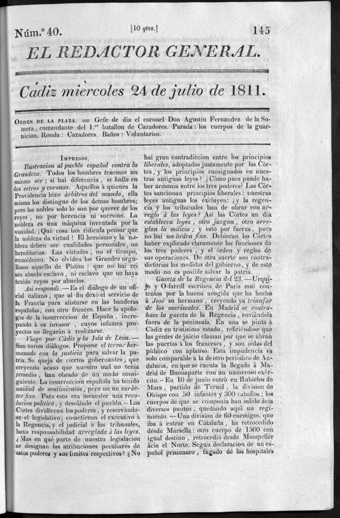 Miniatura de Redactor General del miércoles 24 de julio de 1811
