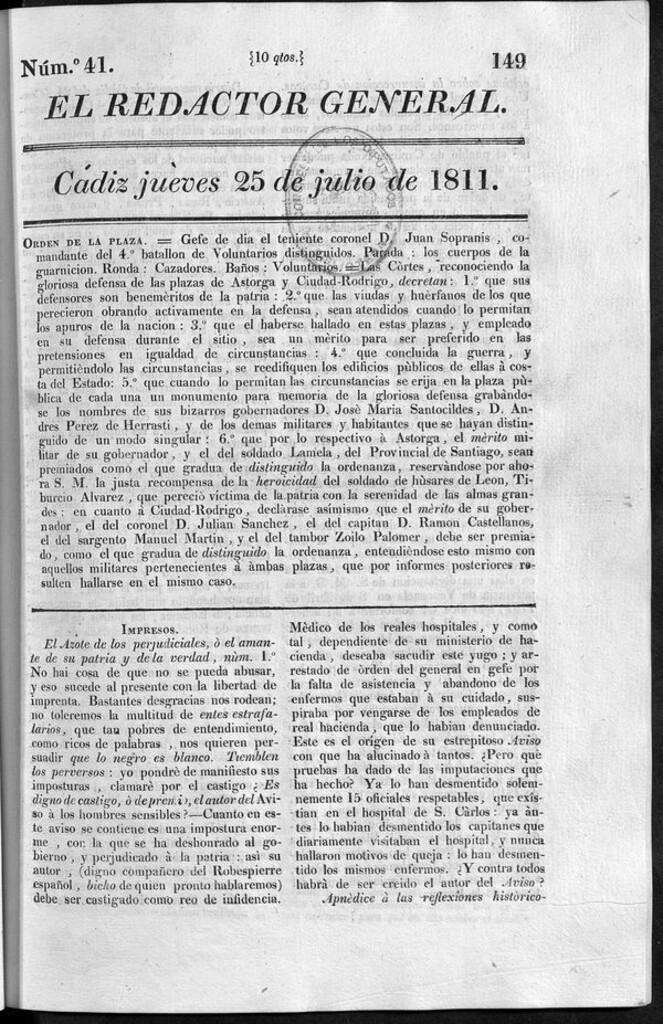 Miniatura de Redactor General del jueves 25 de julio de 1811