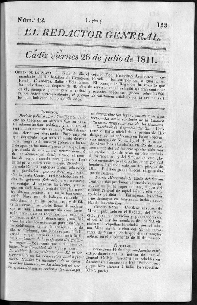 Miniatura de Redactor General del viernes 26 de julio de 1811