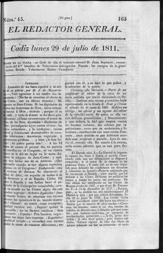 Miniatura de Redactor General del lunes 29 de julio de 1811