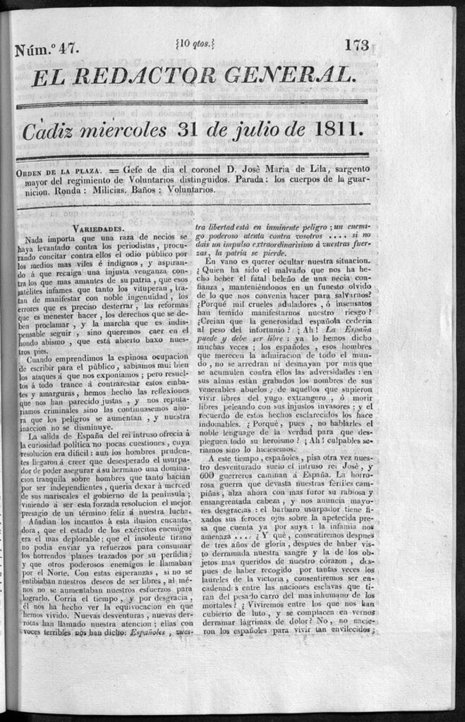 Miniatura de Redactor General del miércoles 31 de julio de 1811