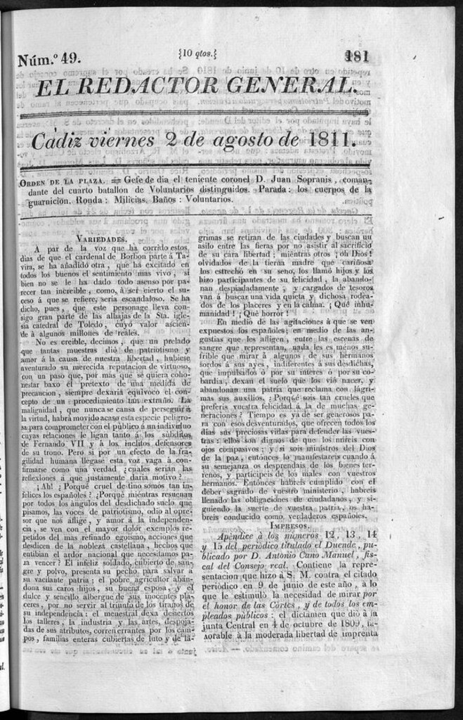 Miniatura de Redactor General del viernes 2 de agosto de 1811