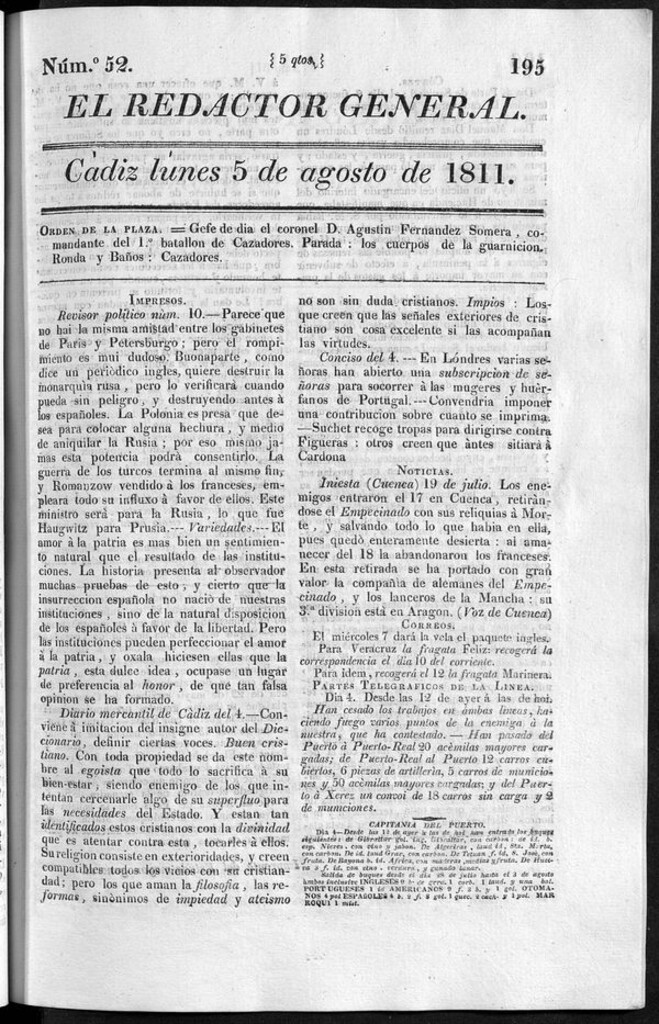 Miniatura de Redactor General del lunes 5 de agosto de 1811